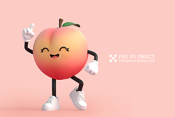 PSD 편집이미지 분홍색 운동화 나뭇잎 3D캐릭터 미소 사람없음 3D 귀여움 가리킴 춤 복숭아 과일캐릭터 복숭아캐릭터 편집3D 캐릭터 컬러 신발 컨셉 잎 과일 문화예술 표정 손짓 디지털합성 파일형식