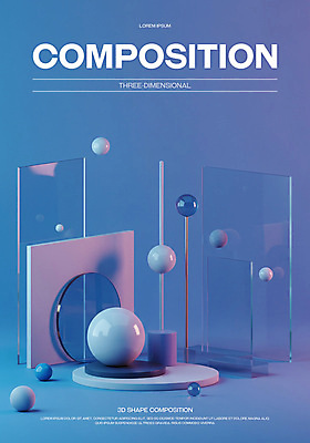 PSD 편집이미지 포스터 추상 미래 사람없음 파란색 3D 금속 공간 원형 투명 막대기 구슬 모던 창의력 편집3D 도형 컬러 컨셉 무늬 재질 디지털합성 파일형식