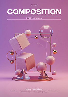 PSD 편집이미지 포스터 분홍색 추상 미래 사람없음 3D 금속 공간 원형 투명 구슬 모던 육면체 창의력 편집3D 도형 컬러 컨셉 무늬 재질 디지털합성 파일형식