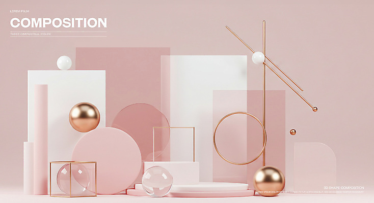 PSD 편집이미지 포스터 추상 미래 사람없음 3D 금속 공간 원형 투명 막대기 구슬 모던 연분홍색 창의력 편집3D 도형 분홍색 컨셉 무늬 재질 디지털합성 파일형식