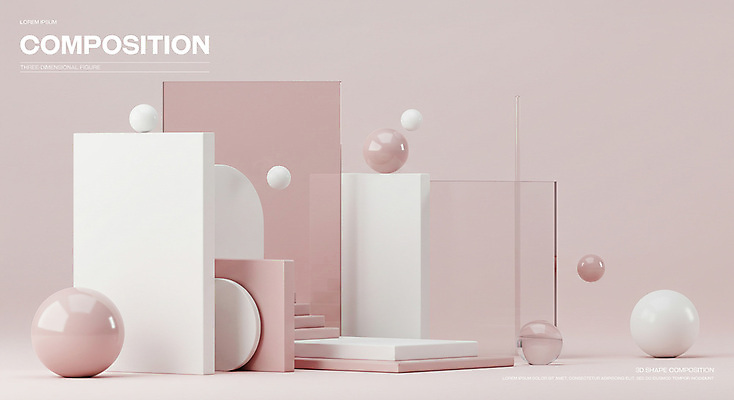 PSD 편집이미지 포스터 추상 미래 사람없음 3D 공간 원형 투명 구슬 모던 연분홍색 창의력 편집3D 도형 분홍색 컨셉 무늬 디지털합성 파일형식