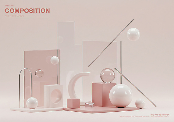 PSD 편집이미지 포스터 추상 미래 사람없음 3D 금속 공간 원형 투명 막대기 구슬 모던 육면체 살구색 연분홍색 창의력 편집3D 도형 분홍색 컬러 컨셉 무늬 재질 디지털합성 파일형식