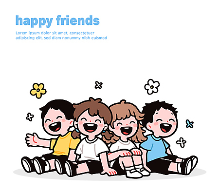 전신 여자 남자 꽃 행복 어린이 일러스트 대화 미소 웃음 앉기 소녀 소년 여러명 친구 손들기 웅크림 손짚기 어린이만 일러캐릭터 AI파일 식물 캐릭터 감정 다수 관계 모션 표정 말하기 사람 손짓 파일형식 벡터