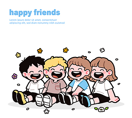 전신 여자 남자 꽃 행복 어린이 일러스트 대화 미소 웃음 앉기 소녀 소년 여러명 친구 손짚기 어린이만 일러캐릭터 AI파일 식물 캐릭터 감정 다수 관계 모션 표정 말하기 사람 손짓 파일형식 벡터