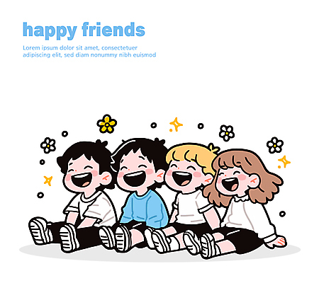 전신 여자 남자 꽃 행복 어린이 일러스트 대화 미소 웃음 앉기 소녀 소년 여러명 친구 반짝임 손짚기 어린이만 일러캐릭터 AI파일 식물 캐릭터 감정 다수 관계 모션 표정 말하기 사람 손짓 파일형식 벡터