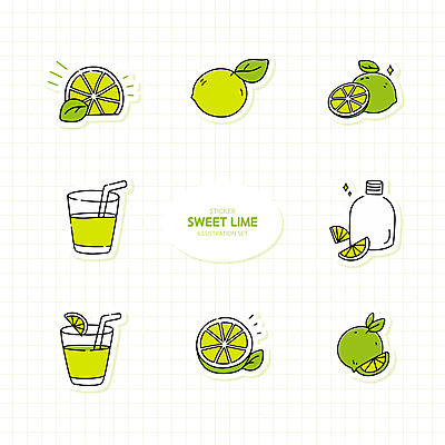 열매 스티커 잎 일러스트 단면 잔 사람없음 연두색 세트 병 라임 상큼 엘리먼트 국내일러스트 AI파일 식물 식기 과일 초록색 파일형식 벡터