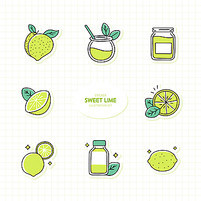 열매 스티커 잎 일러스트 단면 잔 사람없음 연두색 반짝임 세트 병 잼 라임 상큼 라임주스 엘리먼트 국내일러스트 AI파일 식물 식기 과일 모션 초록색 소스_음식 과일주스 파일형식 벡터