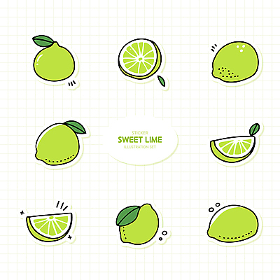 열매 스티커 잎 일러스트 단면 사람없음 연두색 세트 라임 상큼 엘리먼트 국내일러스트 AI파일 식물 과일 초록색 파일형식 벡터