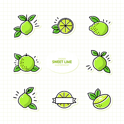 열매 스티커 잎 일러스트 단면 사람없음 연두색 세트 라임 상큼 엘리먼트 국내일러스트 AI파일 식물 과일 초록색 파일형식 벡터