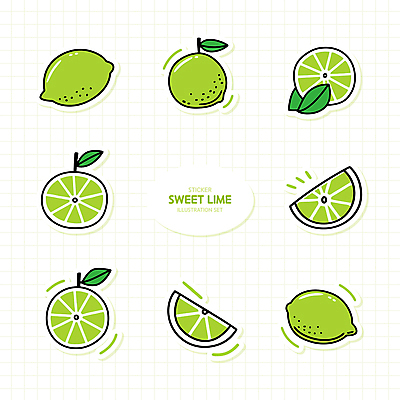 열매 스티커 잎 일러스트 단면 사람없음 연두색 세트 라임 상큼 엘리먼트 국내일러스트 AI파일 식물 과일 초록색 파일형식 벡터