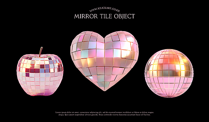 PSD 편집이미지 분홍색 사람없음 반짝임 3D 하트 사과 타일 오브젝트 광택 미러볼 타일모양 편집3D 모양 컬러 과일 모션 장식 디지털합성 파일형식