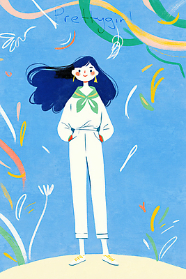 전신 PSD 여자 하늘색 잎 일러스트 바람 한명 서기 미소 성인 여름 스카프 주머니손 성인여자한명만 흩날리기 국내일러스트 자연요소 식물 1 계절 모션 날씨 표정 사람 파란색 목도리 여자한명만 성인여자만 파일형식