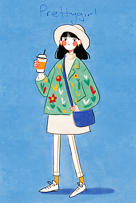 전신 PSD 여자 하늘색 일러스트 한명 서기 미소 들기 성인 여름 크로스백 챙모자 테이크아웃컵 성인여자한명만 국내일러스트 모자_잡화 1 계절 가방 모션 표정 사람 컵 파란색 여자한명만 성인여자만 파일형식