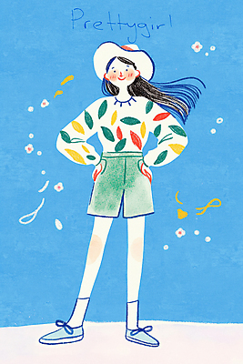 전신 PSD 여자 꽃잎 허리손 하늘색 일러스트 한명 서기 미소 성인 여름 챙모자 성인여자한명만 국내일러스트 모자_잡화 1 계절 꽃 포즈 모션 표정 사람 파란색 여자한명만 성인여자만 파일형식