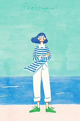 전신 PSD 여자 하늘색 일러스트 바람 한명 서기 미소 성인 해변 여름 팔짱 잔물결 성인여자한명만 흩날리기 국내일러스트 자연요소 1 계절 물결 바다 모션 날씨 표정 사람 파란색 여자한명만 성인여자만 파일형식