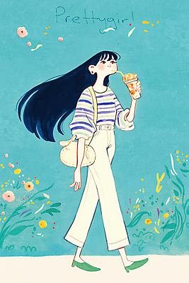 전신 PSD 여자 꽃잎 하늘색 일러스트 한명 미소 들기 성인 여름 걷기 마시기 풀잎 크로스백 테이크아웃컵 성인여자한명만 국내일러스트 1 계절 꽃 잎 가방 모션 표정 사람 컵 파란색 풀_식물 여자한명만 성인여자만 파일형식