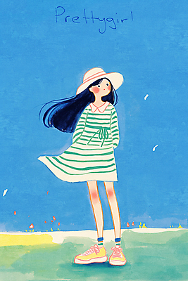 전신 PSD 여자 하늘색 일러스트 청소년 바람 한명 서기 미소 잔디 여름 주머니손 챙모자 십대여자한명만 흩날리기 국내일러스트 자연요소 식물 모자_잡화 1 계절 모션 날씨 표정 사람 파란색 여자한명만 십대여자만 파일형식