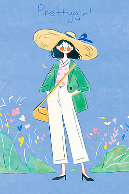 전신 PSD 여자 꽃 하늘색 일러스트 한명 서기 미소 성인 여름 풀 주머니손 크로스백 비치모자 성인여자한명만 국내일러스트 식물 모자_잡화 1 계절 가방 모션 표정 사람 파란색 여자한명만 성인여자만 파일형식