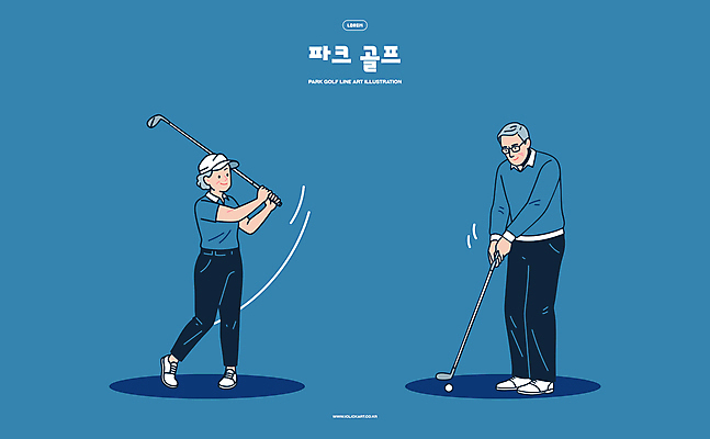 전신 여자 노년 남자 일러스트 골프공 서기 들기 두명 골프채 스윙 남색 골프웨어 캡모자 노인만 파크골프 골프캐릭터 일러캐릭터 AI파일 캐릭터 모자_잡화 옷 컬러 포즈 골프 공 모션 골프용품 사람 성인 성인만 파일형식 벡터
