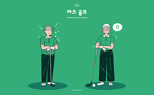 전신 여자 노년 남자 말풍선 일러스트 골프공 서기 두명 초록색 반짝임 골프채 느낌표 골프웨어 캡모자 노인만 파크골프 골프캐릭터 일러캐릭터 AI파일 캐릭터 모자_잡화 기호 옷 컬러 골프 공 모션 골프용품 사람 성인 성인만 파일형식 벡터