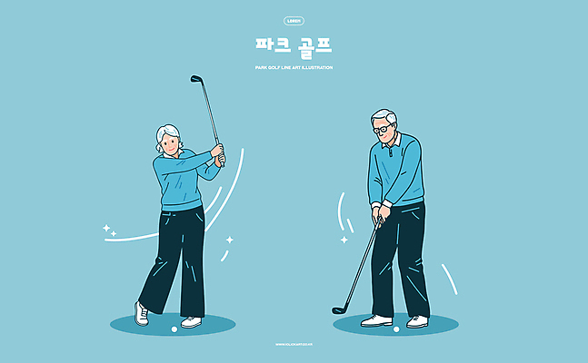 전신 여자 노년 남자 하늘색 일러스트 골프공 서기 들기 두명 반짝임 골프채 스윙 골프웨어 노인만 파크골프 골프캐릭터 일러캐릭터 AI파일 캐릭터 옷 포즈 골프 공 모션 골프용품 사람 성인 파란색 성인만 파일형식 벡터