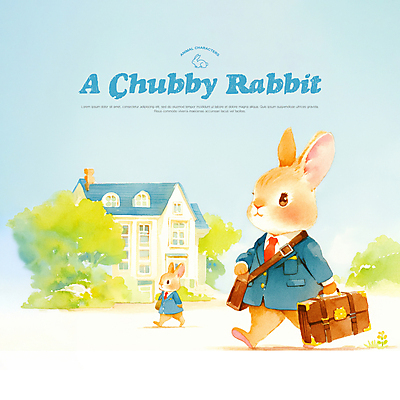 PSD 나무 학생 가방 일러스트 하늘 수채화 의인화 사람없음 건물 걷기 귀여움 포근함 토끼캐릭터 국내일러스트 식물 건축물 잡화 동물캐릭터 컨셉 모션 토끼 감각 파일형식