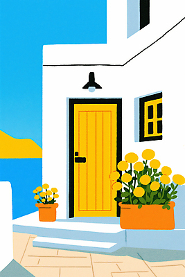 JPG 꽃 화분 바다 하늘색 일러스트 건축양식 창문 하늘 조명 사람없음 건물 여름 노란색 문 계단 봄 시원함 지중해 국내일러스트 AI일러스트 AI콘텐츠 식물 건축물 계절 건축 컬러 파란색 파일형식