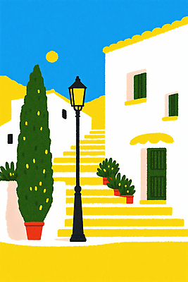 JPG 화분 가로등 일러스트 건축양식 창문 하늘 사람없음 건물 여름 태양 노란색 문 계단 봄 풀 시원함 지중해 국내일러스트 AI일러스트 AI콘텐츠 자연요소 식물 건축물 계절 공공시설 건축 바다 컬러 파일형식