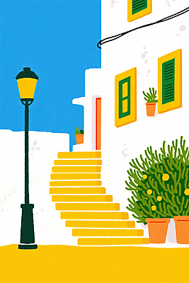 JPG 화분 하늘색 가로등 일러스트 건축양식 창문 하늘 사람없음 건물 여름 노란색 문 계단 봄 전선 풀 시원함 지중해 국내일러스트 AI일러스트 AI콘텐츠 식물 건축물 계절 공공시설 건축 바다 컬러 파란색 파일형식