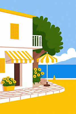 JPG 나무 꽃 화분 바다 하늘색 일러스트 건축양식 창문 하늘 사람없음 건물 여름 노란색 문 봄 발코니 파라솔 시원함 지중해 차양막 국내일러스트 AI일러스트 AI콘텐츠 식물 건축물 계절 건축 컬러 파란색 차양 파일형식