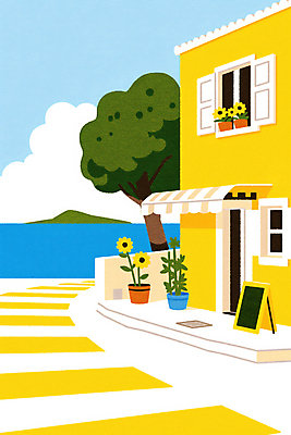 JPG 나무 꽃 화분 바다 섬 하늘색 일러스트 건축양식 창문 하늘 사람없음 건물 여름 노란색 문 계단 봄 시원함 지중해 입간판 차양막 국내일러스트 AI일러스트 AI콘텐츠 식물 건축물 계절 건축 컬러 간판 파란색 차양 파일형식