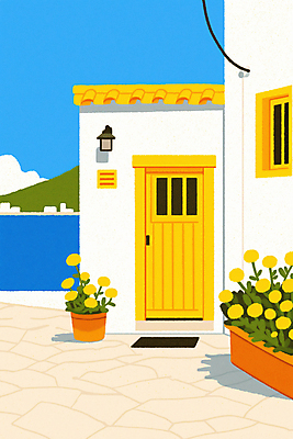 JPG 꽃 화분 바다 하늘색 일러스트 건축양식 창문 하늘 조명 산 사람없음 건물 여름 노란색 문 봄 전선 시원함 지중해 국내일러스트 AI일러스트 AI콘텐츠 식물 건축물 계절 건축 컬러 파란색 파일형식