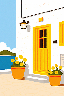 JPG 꽃 화분 바다 하늘색 일러스트 건축양식 하늘 조명 산 사람없음 건물 여름 노란색 문 봄 시원함 지중해 배수구 국내일러스트 AI일러스트 AI콘텐츠 식물 건축물 계절 건축 컬러 파란색 파일형식