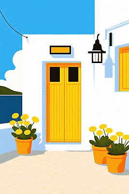 JPG 꽃 화분 바다 일러스트 건축양식 하늘 조명 산 사람없음 건물 여름 노란색 문 봄 전선 시원함 지중해 국내일러스트 AI일러스트 AI콘텐츠 식물 건축물 계절 건축 컬러 파일형식