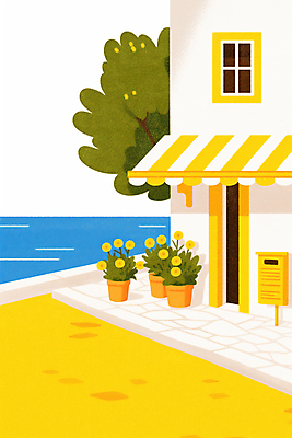 JPG 나무 꽃 화분 바다 일러스트 건축양식 창문 사람없음 건물 여름 노란색 문 봄 우체통 시원함 지중해 차양막 국내일러스트 AI일러스트 AI콘텐츠 식물 건축물 계절 건축 컬러 차양 파일형식