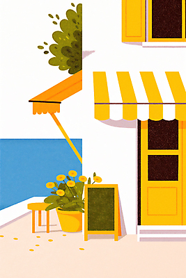 JPG 꽃 화분 바다 일러스트 건축양식 창문 사람없음 건물 여름 노란색 문 봄 풀 시원함 지중해 입간판 차양막 국내일러스트 AI일러스트 AI콘텐츠 식물 건축물 계절 건축 컬러 간판 차양 파일형식