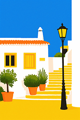 JPG 화분 가로등 일러스트 건축양식 창문 하늘 사람없음 건물 여름 파란색 노란색 계단 봄 풀 시원함 지중해 국내일러스트 AI일러스트 AI콘텐츠 식물 건축물 계절 공공시설 건축 바다 컬러 파일형식