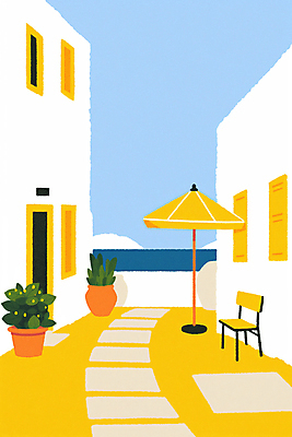JPG 화분 바다 하늘색 벤치 일러스트 건축양식 창문 하늘 사람없음 건물 여름 노란색 문 봄 파라솔 시원함 지중해 돌길 국내일러스트 AI일러스트 AI콘텐츠 건축물 계절 건축 길 컬러 의자 파란색 파일형식