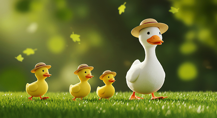 JPG 편집이미지 나뭇잎 오리 잔디 사람없음 연두색 걷기 귀여움 동물가족 봄소풍 오리새끼 챙모자 편집실사 AI컴퓨터그래픽 AI콘텐츠 식물 모자_잡화 새끼 컨셉 잎 가족 모션 조류 초록색 소풍 봄 CG 파일형식