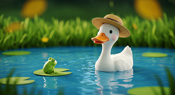 JPG 편집이미지 오리 개구리 사람없음 귀여움 수영 연못 풀잎 연잎 봄소풍 챙모자 편집실사 AI컴퓨터그래픽 AI콘텐츠 모자_잡화 컨셉 잎 조류 양서류 소풍 봄 수상스포츠 풀_식물 CG 파일형식