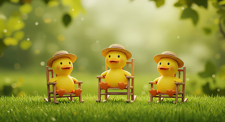 JPG 편집이미지 나뭇잎 오리 앉기 잔디 사람없음 연두색 귀여움 흔들의자 동물가족 봄소풍 오리새끼 챙모자 편집실사 AI컴퓨터그래픽 AI콘텐츠 식물 모자_잡화 새끼 컨셉 잎 의자 가족 모션 조류 초록색 소풍 봄 CG 파일형식