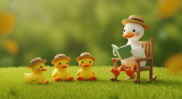 JPG 편집이미지 오리 들기 앉기 잔디 사람없음 책 연두색 독서 귀여움 흔들의자 동물가족 봄소풍 오리새끼 챙모자 편집실사 AI컴퓨터그래픽 AI콘텐츠 식물 모자_잡화 새끼 컨셉 의자 가족 모션 조류 초록색 소풍 봄 CG 파일형식