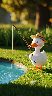 JPG 편집이미지 낚시 오리 잔디 사람없음 귀여움 연못 풀잎 낚싯대 봄소풍 챙모자 편집실사 AI컴퓨터그래픽 AI콘텐츠 식물 모자_잡화 컨셉 잎 조류 레저 소풍 봄 풀_식물 낚시용품 CG 파일형식