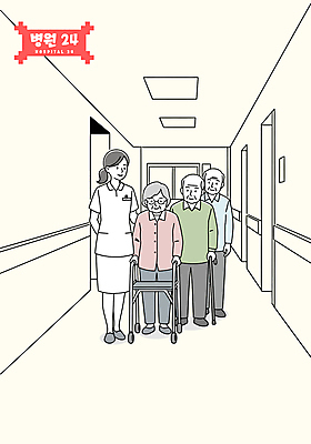 전신 여자 할아버지 노년 남자 할머니 일러스트 지팡이 병원 여러명 성인 걷기 환자 간호사 24시간 보행기 연노랑색 국내일러스트 AI파일 다수 의학 모션 사람 노란색 의료진 시간 파일형식 벡터