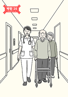 여자 할아버지 노년 남자 할머니 일러스트 청진기 지팡이 병원 성인 세명 걷기 환자 간호사 잡기 24시간 보행기 연노랑색 국내일러스트 AI파일 의학 의료기기 모션 사람 노란색 의료진 시간 파일형식 벡터