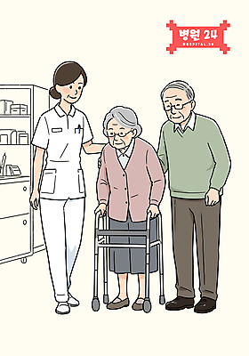 전신 여자 할아버지 노년 남자 할머니 일러스트 병원 성인 세명 환자 간호사 잡기 24시간 보행기 안경낌 연노랑색 국내일러스트 AI파일 안경 의학 모션 사람 노란색 의료진 시간 파일형식 벡터
