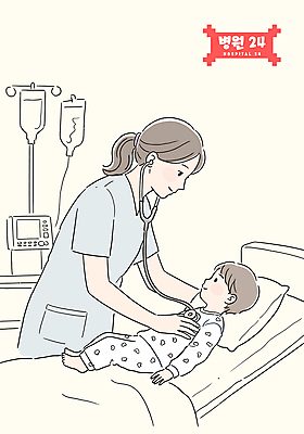 전신 여자 남자 일러스트 청진기 성인 두명 눕기 진료 환자 간호사 의사 아기 링거 병실 24시간 병원침대 심전도모니터 연노랑색 국내일러스트 AI파일 의학 의료기기 모션 병원 사람 노란색 의료진 침대 시간 파일형식 벡터