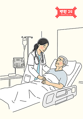 여자 할아버지 노년 남자 일러스트 청진기 성인 두명 눕기 진료 환자 의사 링거 병실 24시간 병원침대 심전도 연노랑색 국내일러스트 AI파일 의학 의료기기 모션 병원 사람 노란색 의료진 침대 시간 파일형식 벡터