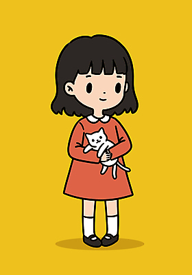 전신 원피스 여자 어린이 일러스트 안기 한명 미소 소녀 노란색 고양이 소녀한명만 국내일러스트 일러캐릭터 AI파일 캐릭터 1 옷 컬러 포유류 모션 표정 사람 반려동물 여자한명만 소녀만 파일형식 벡터