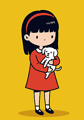 전신 원피스 여자 어린이 일러스트 안기 한명 미소 소녀 노란색 머리띠 강아지 소녀한명만 국내일러스트 일러캐릭터 AI파일 캐릭터 1 옷 컬러 장신구 모션 표정 사람 반려동물 개 여자한명만 소녀만 파일형식 벡터